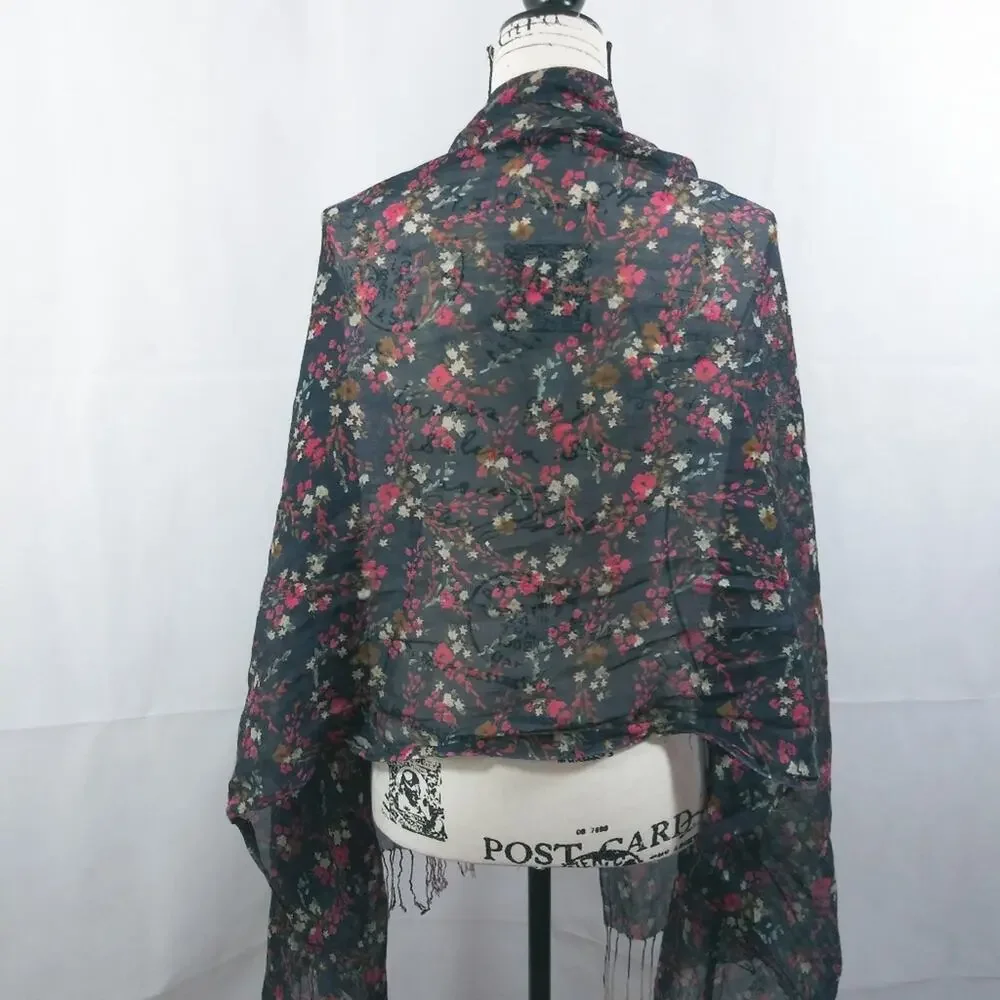 Blue Red Floral Scarf Wrap With Fringe
